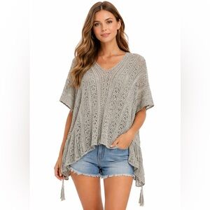 Light Gray Crochet V-Neck Poncho Tunic Top Womens One Size